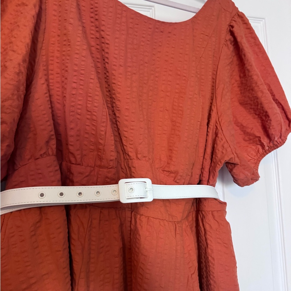 Torrid - Retro Chic Textured Puff Sleeve Dress with White Belt - Rust